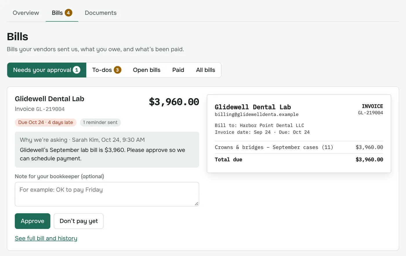 The client portal’s bill approval screen showing a $3,960 lab bill with Approve and Don’t pay yet buttons next to the invoice